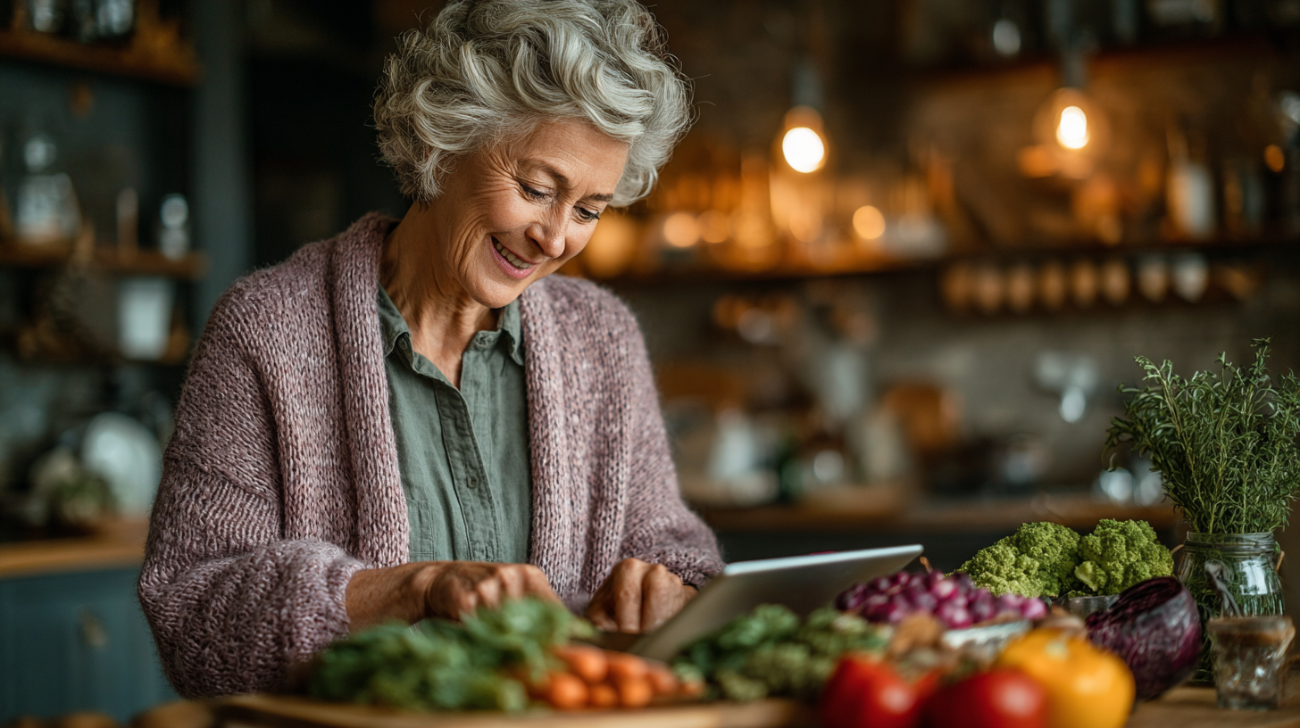 Здорова жінка похилого віку готує корисний салат на кухні